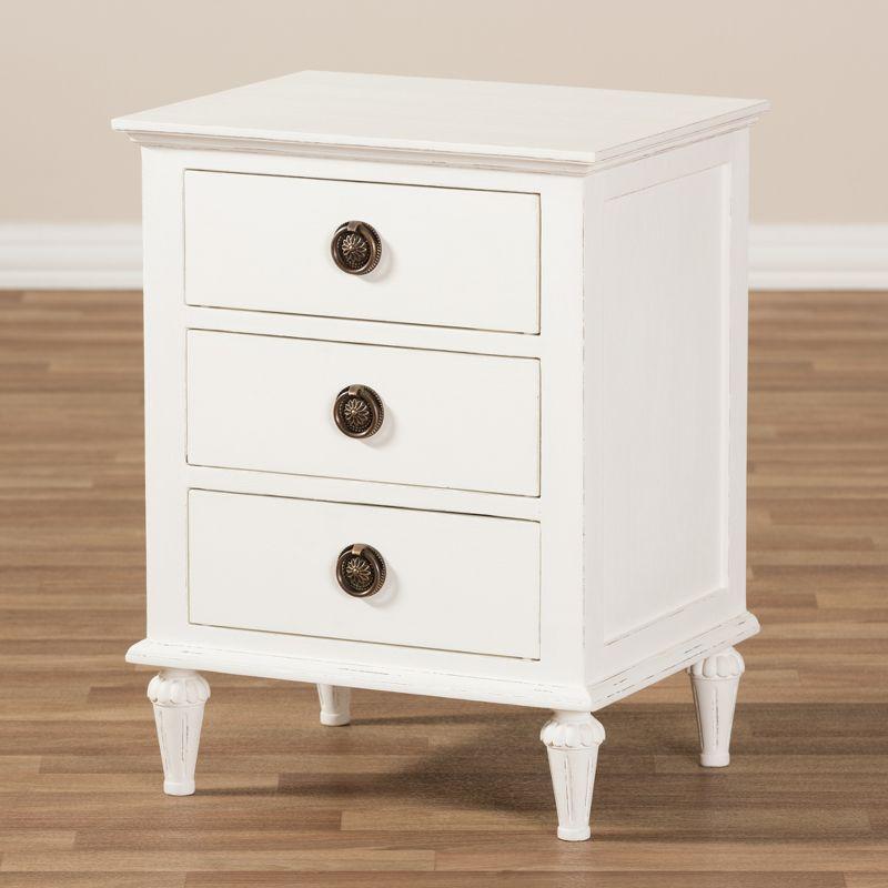 Venezia French - Inspired Rustic Washed Wood 3 - Drawer Nightstand - White - Baxton Studio