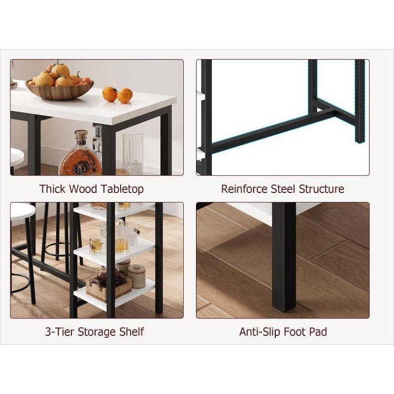 Counter Height Dining Table with Stools, Bar Table Set with 3 Storage Shelves, 3 Piece Dining Table Set for Small Space, Apartment, Kitchen, White