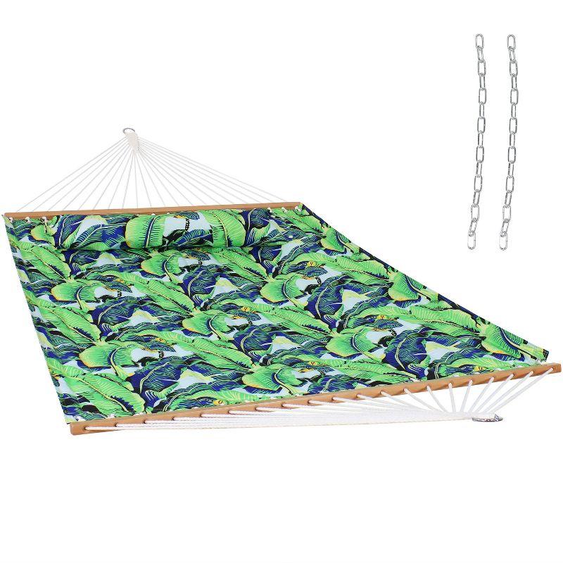 Sunnydaze 2-Person Quilted Printed Fabric Spreader Bar Hammock and Pillow with S Hooks and Hanging Chains - 450 lb Weight Capacity - Exotic Foliage