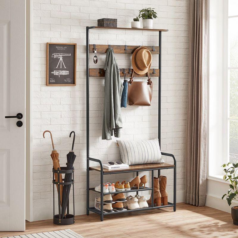 VASAGLE Hall Tree Entryway Coat Rack with Shoe Bench Rustic Walnut and Black