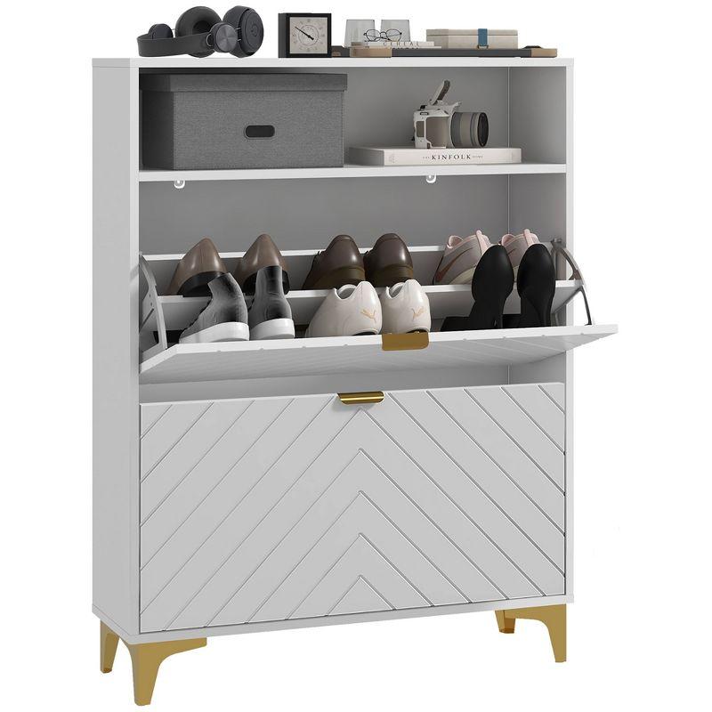 White Chevron Shoe Cabinet with Gold Accents and Adjustable Shelves