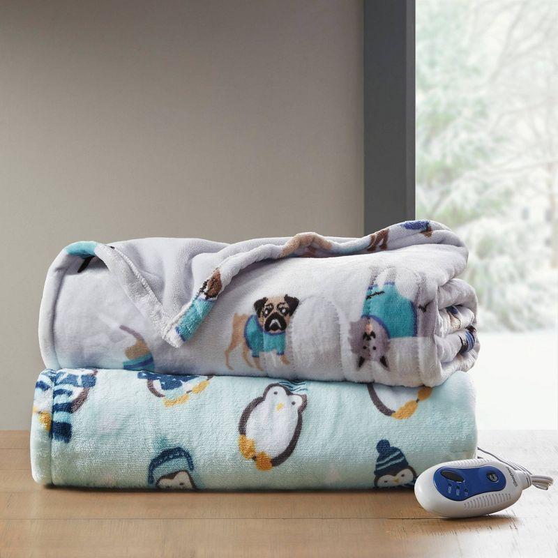 Aqua Penguins Oversized Plush Electric Heated Throw Blanket