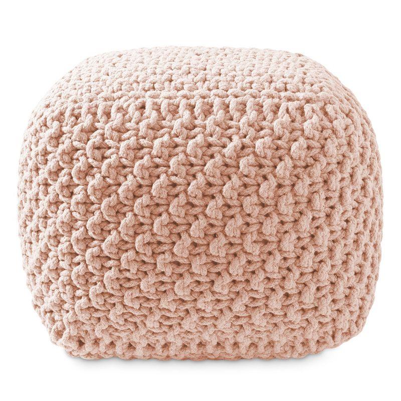 Casafield Square Pouf Ottoman, Light Pink - 18.5" W x 18.5" D x 14.5" H Cotton Knit Foot Stool - Boho Floor Pouffe for Living Room
