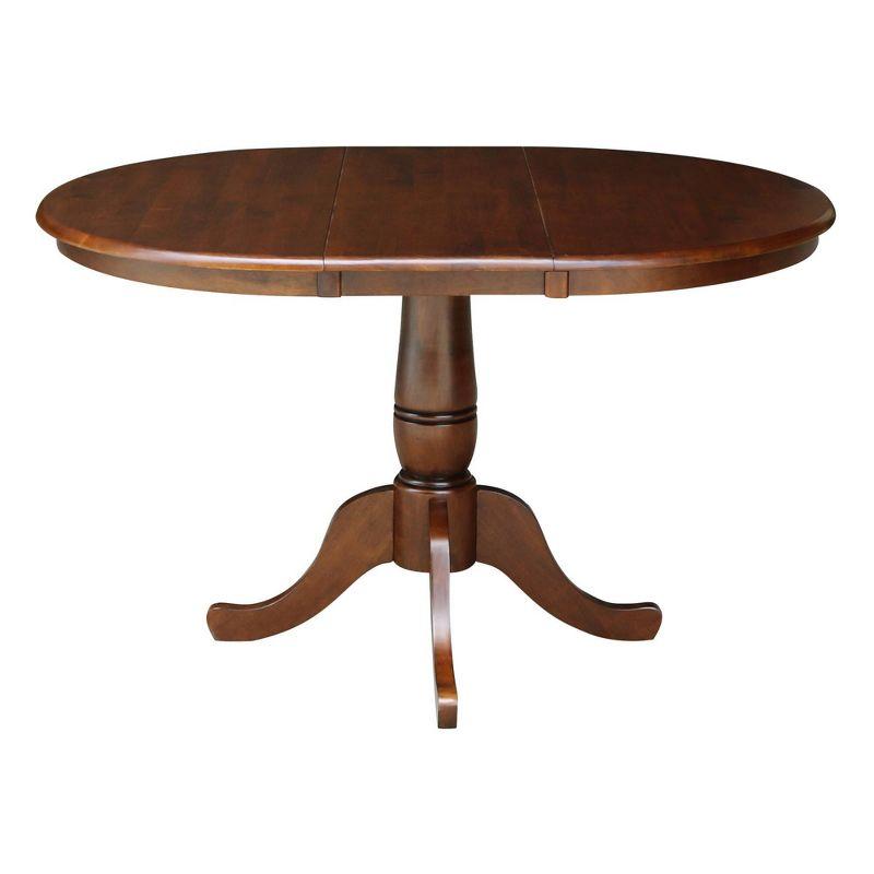 International Concepts Round Pedestal 36" Extendable Dining Table with 12" Drop Leaf: Mid-Century Style, Seats 4, Hardwood