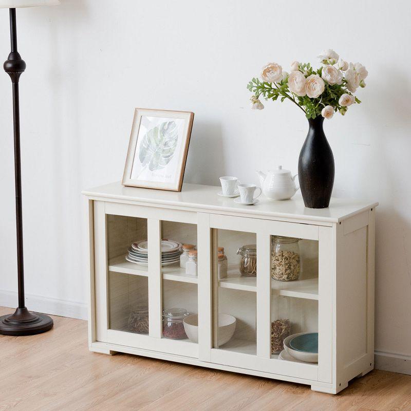 Off-White MDF Kitchen Storage Cabinet with Glass Sliding Doors