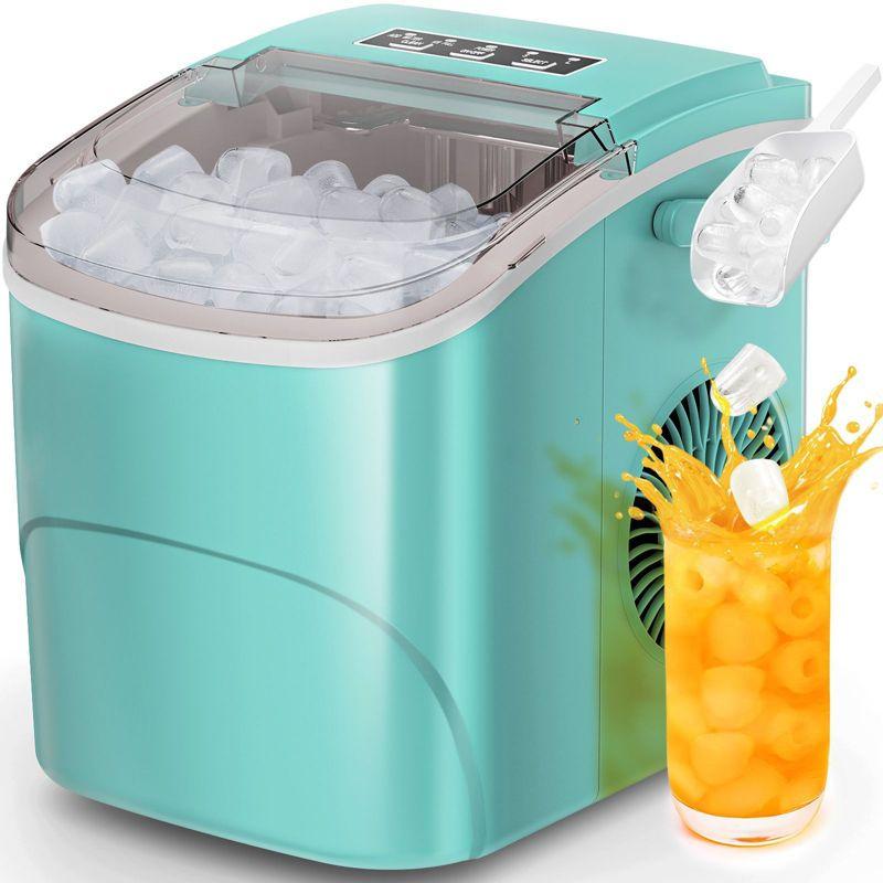 R.W.FLAME Ice Makers Countertop with Handle,26.5Lbs/24H,9 Cubes in 6 Mins,2 Sizes of Bullet Ice,Portable Ice Maker Machine with Self-Cleaning, green