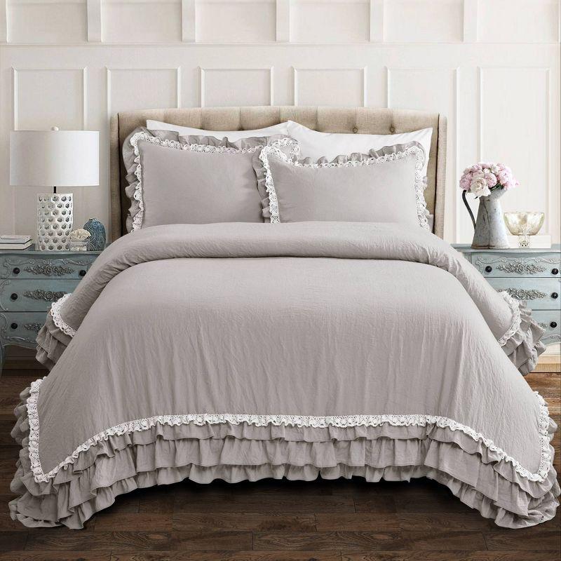 Light Gray Full Microfiber Ruffle Lace Comforter Set