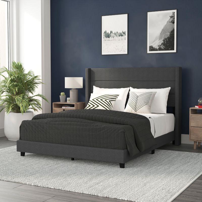 Flash Furniture Hollis Queen Upholstered Platform Bed with Wingback Headboard, No Box Spring Needed, Charcoal Faux Linen