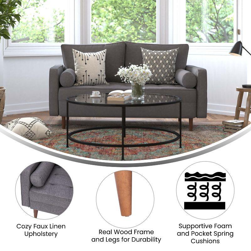 Flash Furniture Hudson Mid-Century Modern Loveseat Sofa with Tufted Faux Linen Upholstery & Solid Wood Legs in Dark Gray