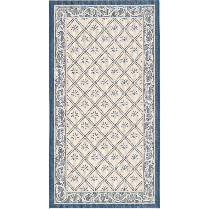 Navy and Beige Floral Border Rectangular Outdoor Rug