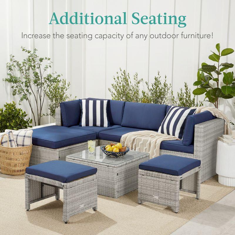 Coastal Gray & Navy Wicker Patio Ottomans with Cushions - Set of 2