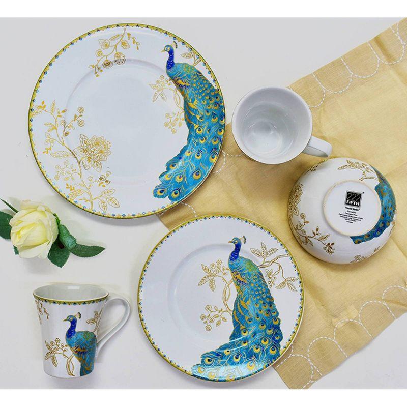 222 Fifth Peacock Garden Porcelain 16pc Dinnerware Set White: Round Dish Set, Service for 4, Bird Pattern, Dishwasher-Safe