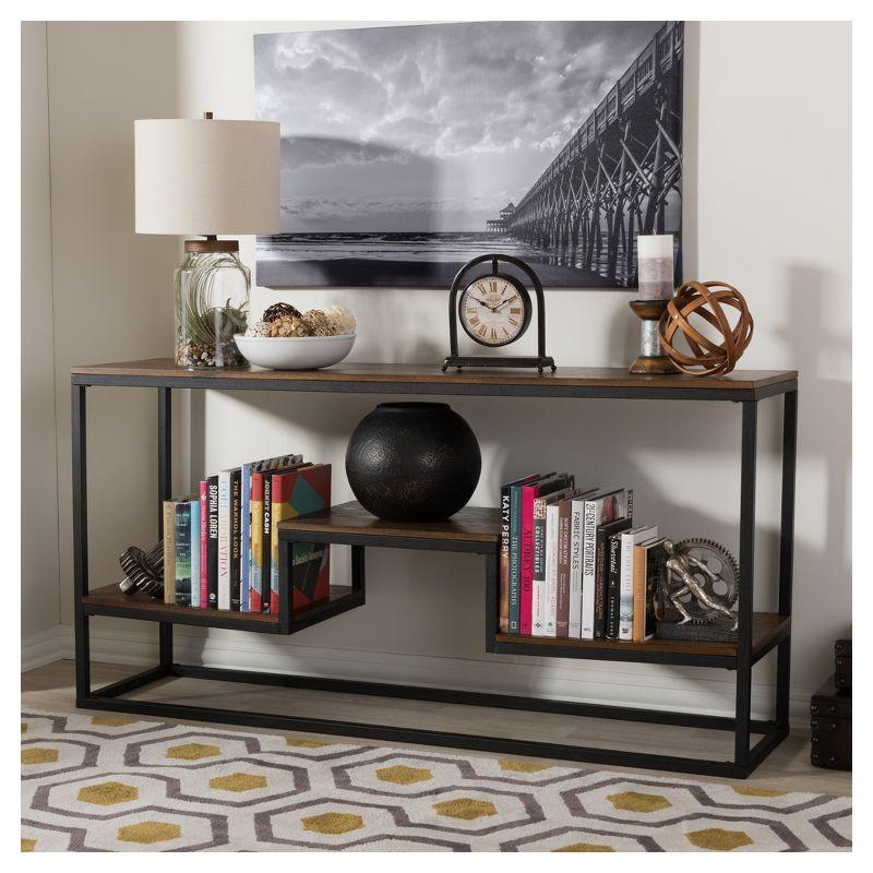 Rustic Industrial Black Metal and Distressed Wood Console Table with Storage