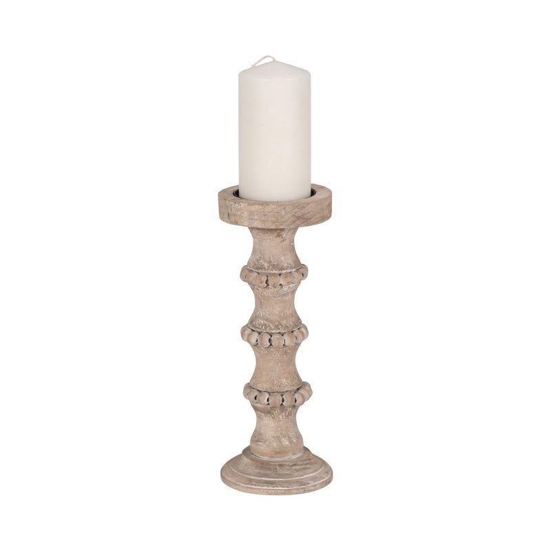 Wood Pillar Candle Holder with Decorative Beads, Antique Finish Candlestick for Home or Wedding Decor, Ivory/Beige