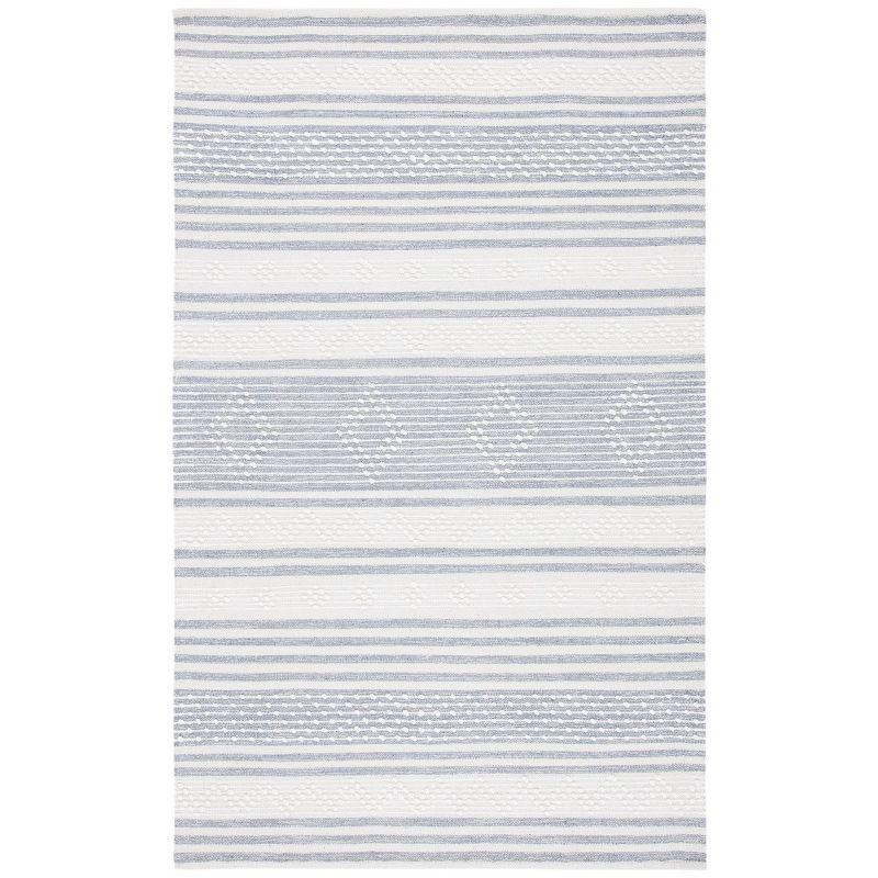 Ivory and Silver Striped Wool Cotton Flat Woven Rug