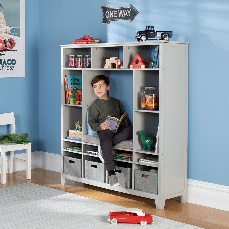 Gray Kids' Storage System with Cushioned Reading Nook and Fabric Bins