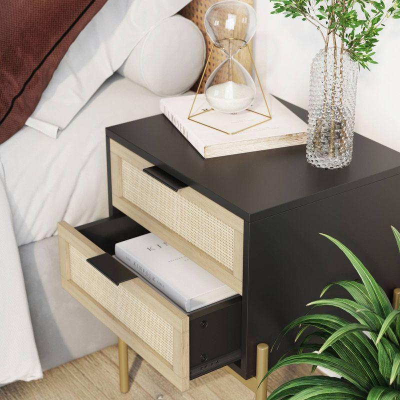 Nathan James Andrew 2 Drawers Side Table Matte Black Rattan: Brass Gold Hardware, Durable Metal Legs