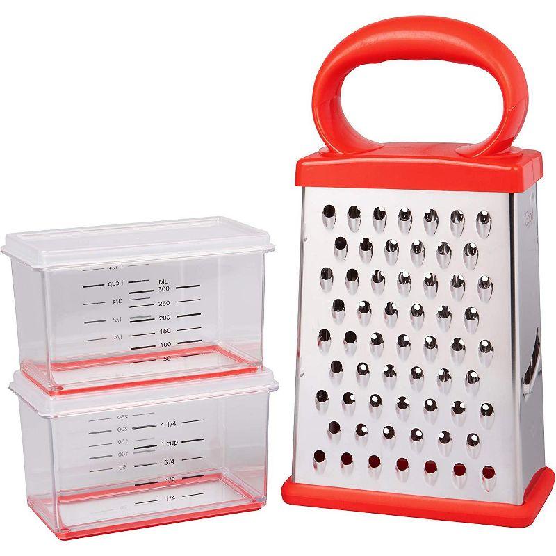 Good Cooking Box Cheese Grater w 2 Attachable Storage Containers- 4-Sided Stainless Steel Slicer and Shredder- 2 Hoppers for Cheeses