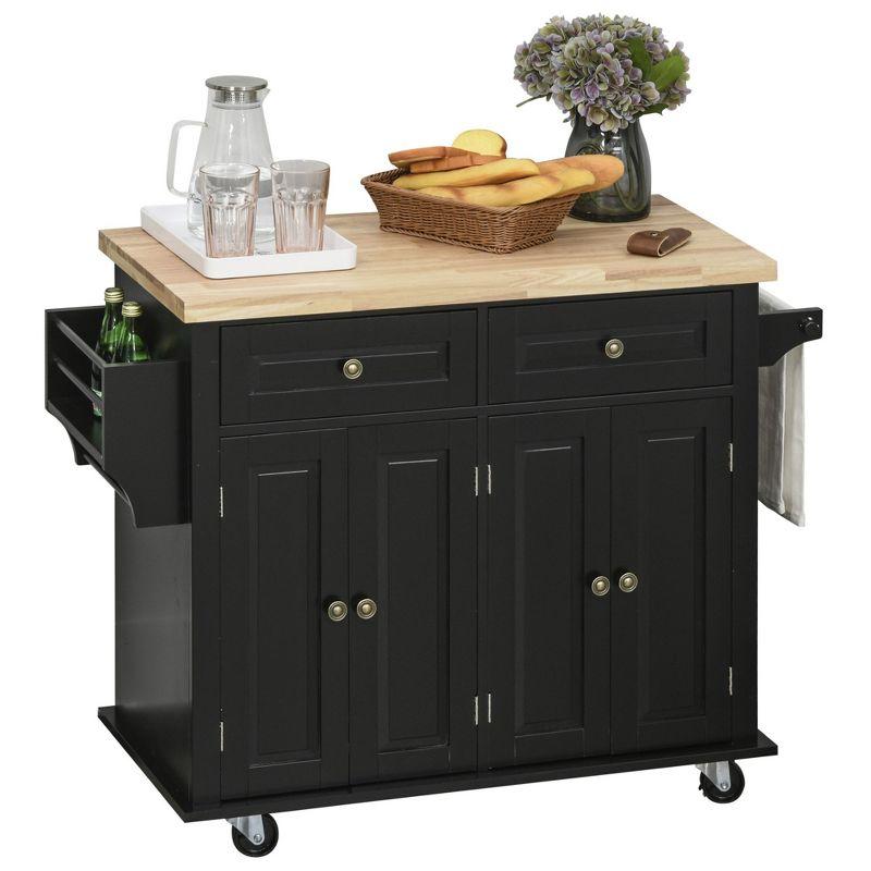 HOMCOM Kitchen Island on Wheels, Rolling Cart with Rubber Wood Top, Spice Rack, Towel Rack & Drawers for Dining Room, Black