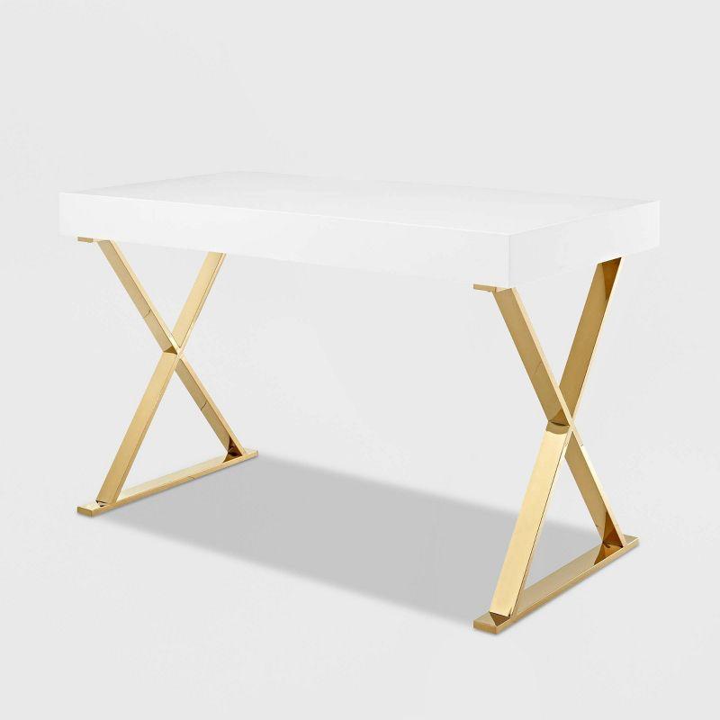 White and Gold X-Base Writing Desk with Drawer