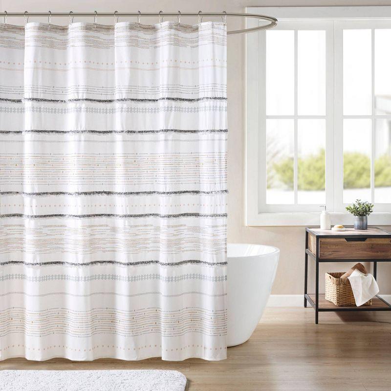 Nea Off White and Gray Cotton Boho Shower Curtain with Tassels