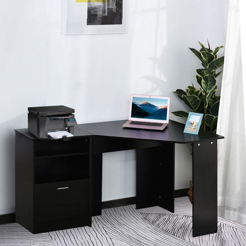 Black Wood L-Shaped Corner Gaming Desk with Drawer and Filing Cabinet