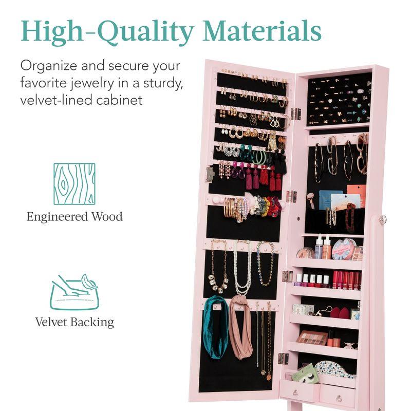 Best Choice Products Jewelry Armoire Cabinet, Full Length Mirror w/ Velvet Storage Interior, Lock - Dusty Pink