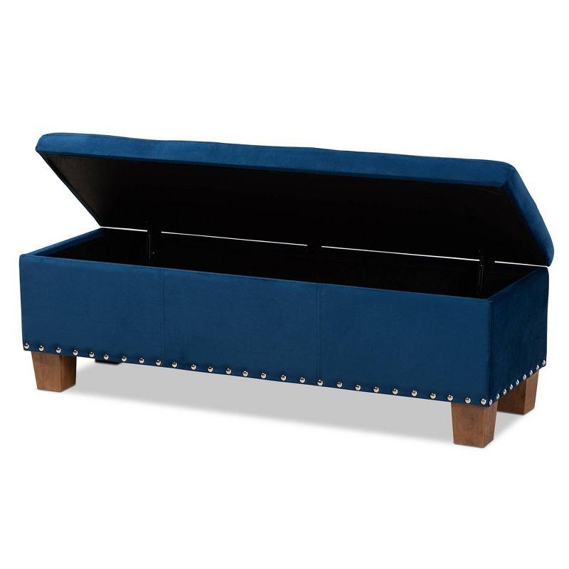 Elegant Navy Blue Velvet Tufted Storage Ottoman Bench with Silver Accents