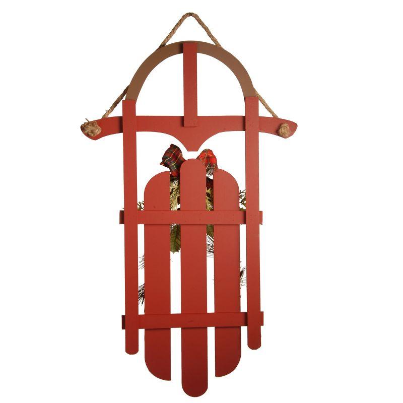 Red Wooden Sled with Plaid Bow and Holly Leaves