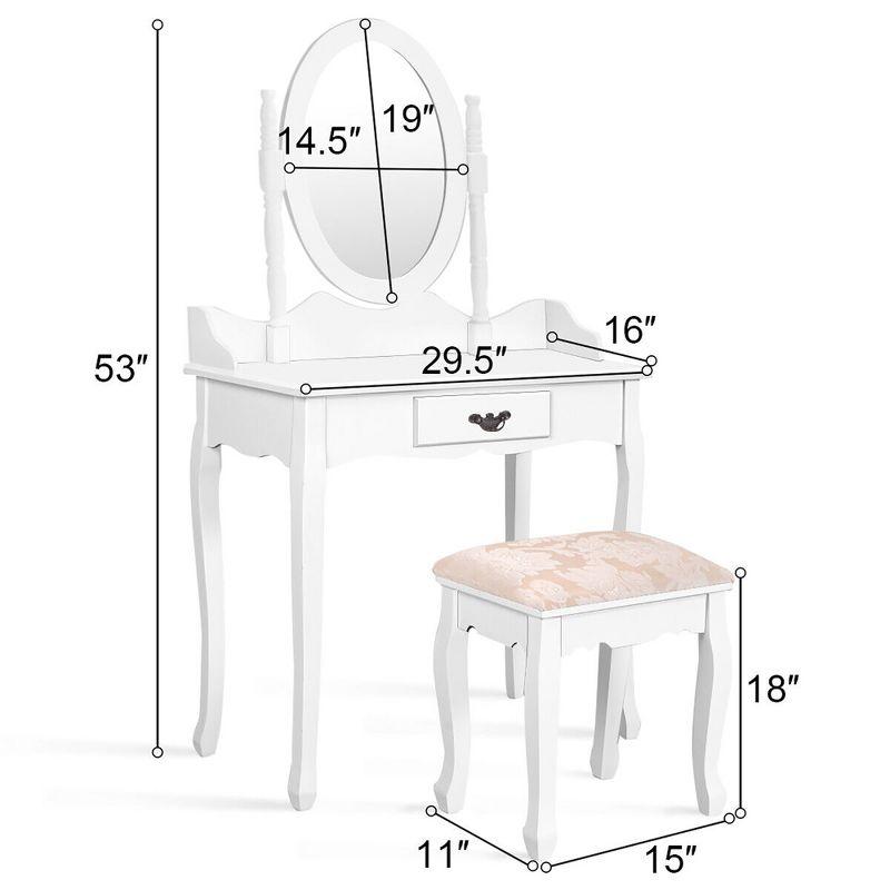 Tangkula Bathroom Vanity Wood Makeup Dressing Table Stool Set Jewelry Desk W/Drawer &Mirror White