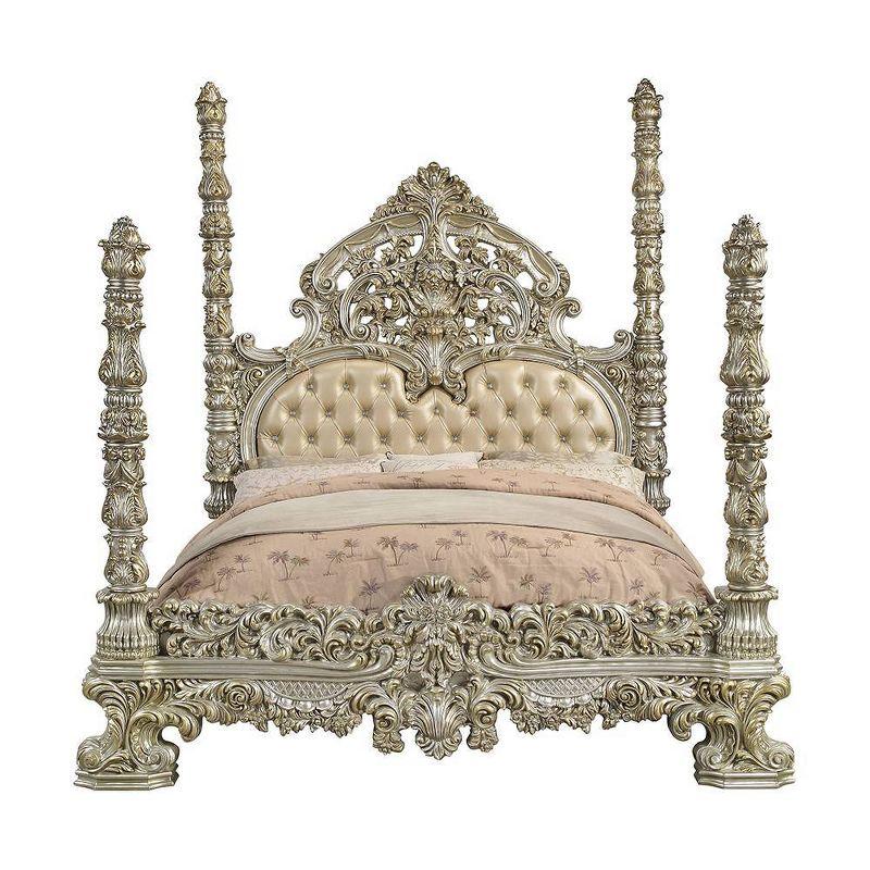 96" Eastern King Bed Danae Bed Synthetic Leather, Champagne and Gold Finish - Acme Furniture: Tufted, Camelback Headboard, Faux Leather