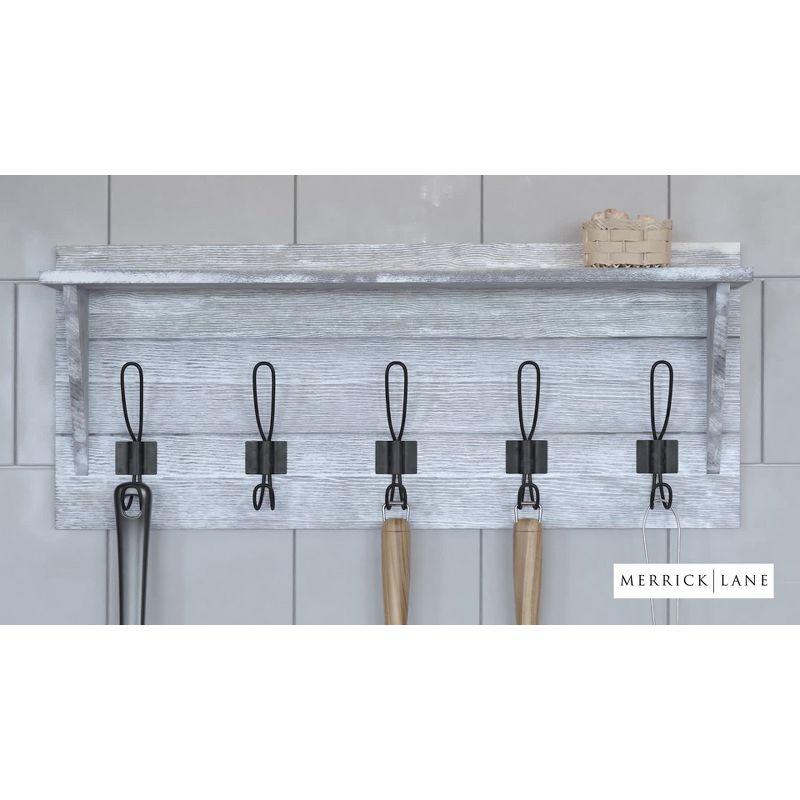 Merrick Lane Pine Wood 24 Inch Wall Mount Storage Rack with 5 Hanging Hooks and Upper Display Shelf