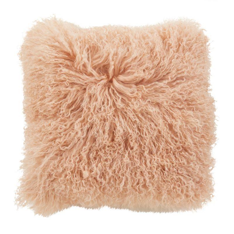 Saro Lifestyle 100% Wool Mongolian Lamb Fur Throw Pillow With Poly Filling, Peach, 16" x 16"