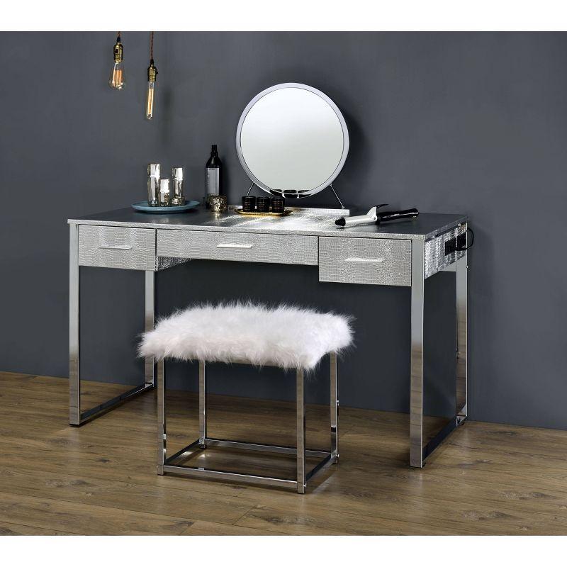 50" Myles Vanity Table Antique White, Chrome Finish - Acme Furniture: Built-in Outlet, USB, Storage