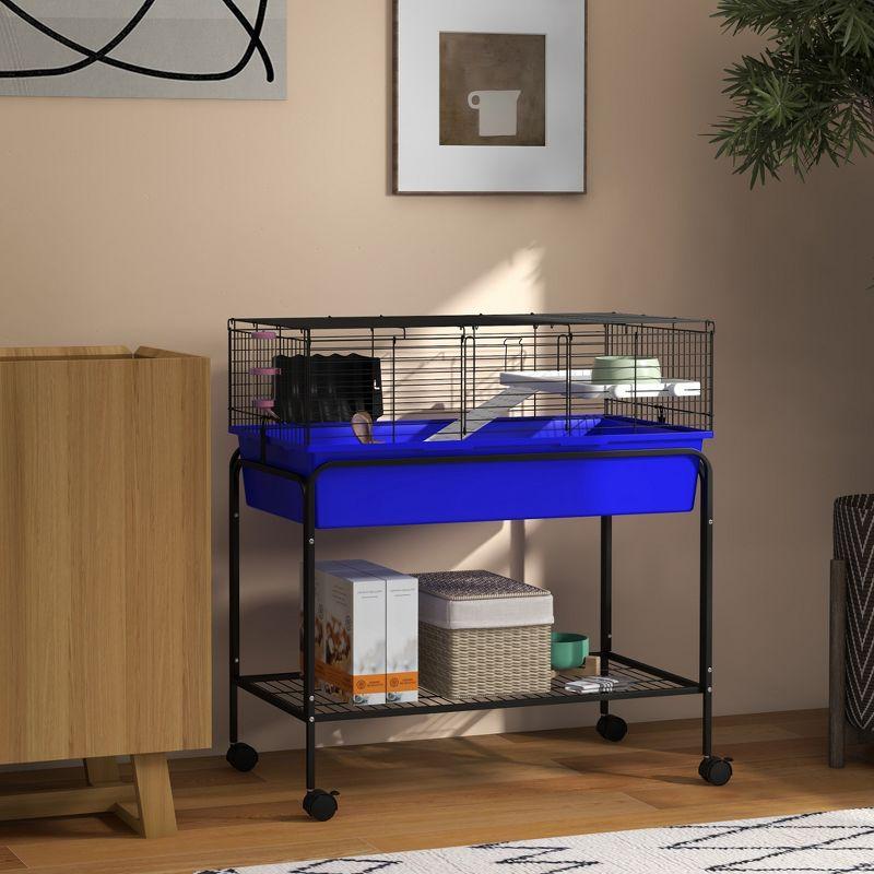 PawHut Two-Story Small Animal Cage Removable from Stand, Guinea Pig, Hedgehog, Chinchilla, Ferret, Shelf & Wheels