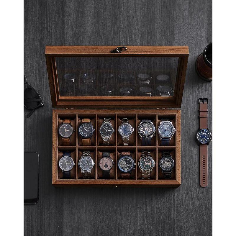 SONGMICS Watch Box 12-Slot Watch Case Organizer Solid Wood Watch Display Case with Removable Pillows Rustic Walnut