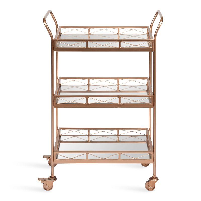 Elegant Rose Gold Metal Bar Cart with Mirrored Tiers and Locking Wheels