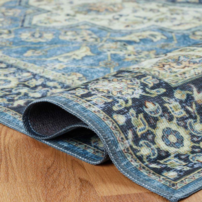 Vintage Distressed Floral Border Traditional Machine Washable Indoor Area Rug, 4' x 6', Blue - Blue Nile Mills