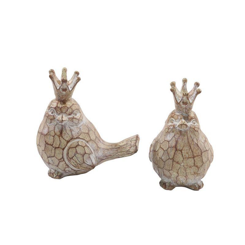 Set of 2 Brown Resin Bird Figurines with Crowns