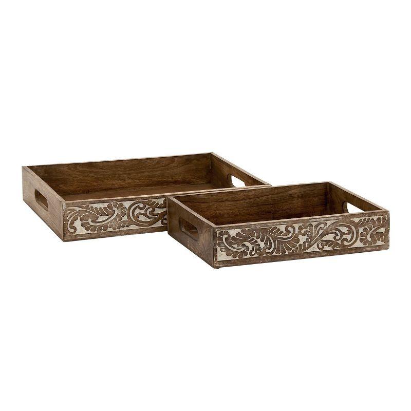 Olivia & May Set of 2 Farmhouse Mango Wood and MDF Trays Brown: Basket Tray Style, Decorative Coffee Table Accessory