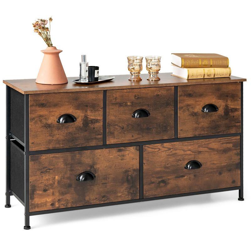 Rustic Brown 5-Drawer Fabric Storage Dresser with Wooden Top