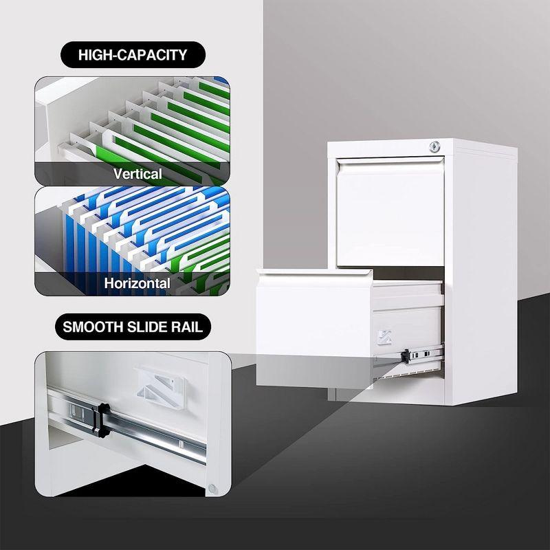 AOBABO 2 Drawer Vertical Steel File Organizer Filing Cabinet with Locking System and Adjustable Hanging Bars for Home and Office Organization, White