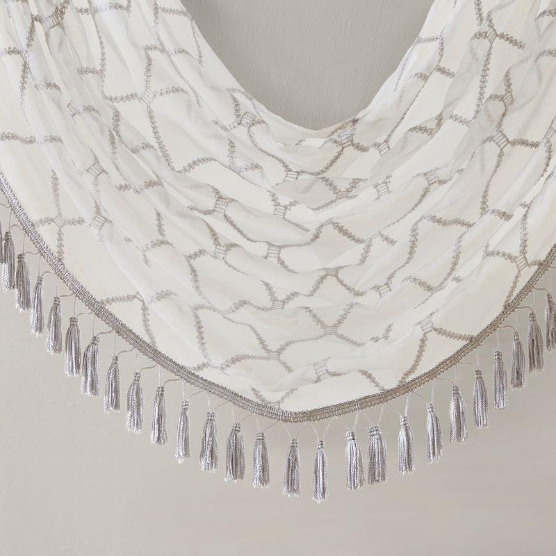 Sill Length White/Grey Embroidered Sheer Waterfall Valance