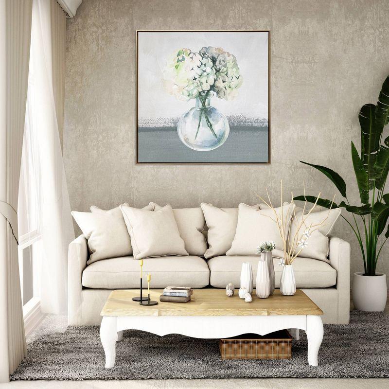 Hydrangea in Vase Watercolor Print on Gold Floating Canvas Framed Wall Art