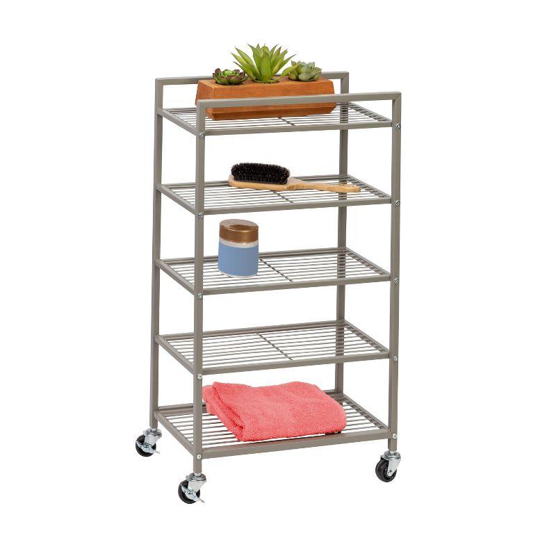 Honey-Can-Do 5-Tier Rolling Bathroom Steel Storage Cart Silver: Space-Saving Organizer, Fixed Shelves, with Anti-Tip Hardware