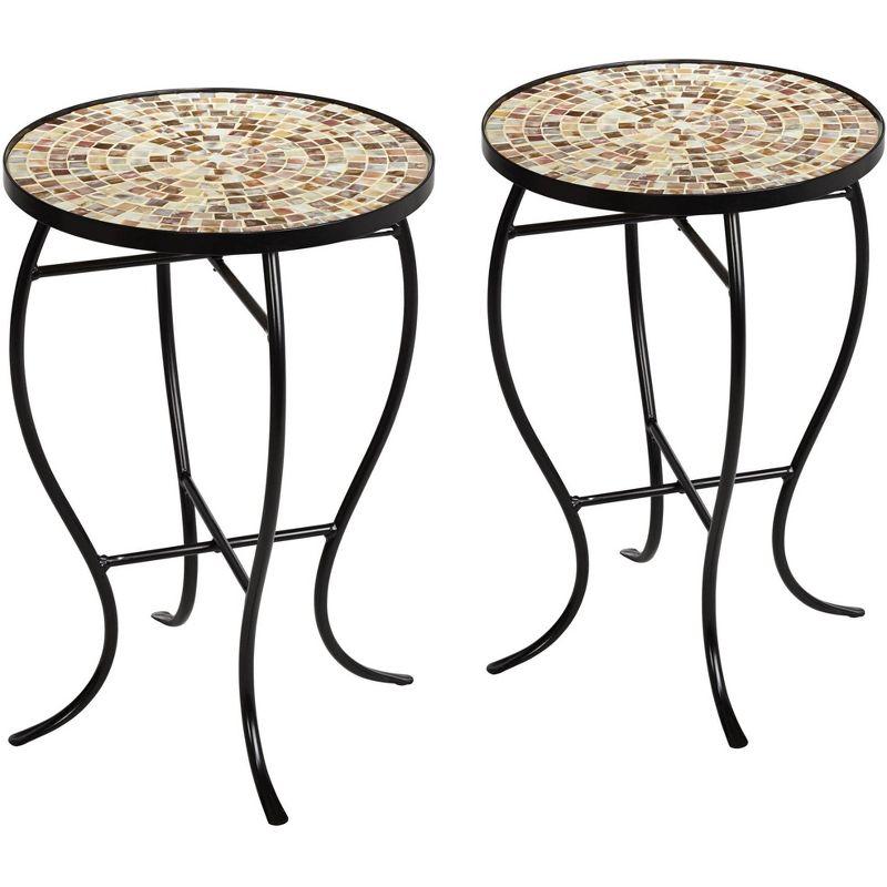 Mother of Pearl Mosaic Black Iron Outdoor Accent Tables Set of 2