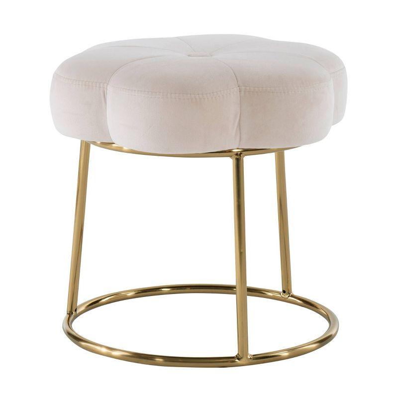 Boho Luxe White Velvet Floral Vanity Stool with Gold Base