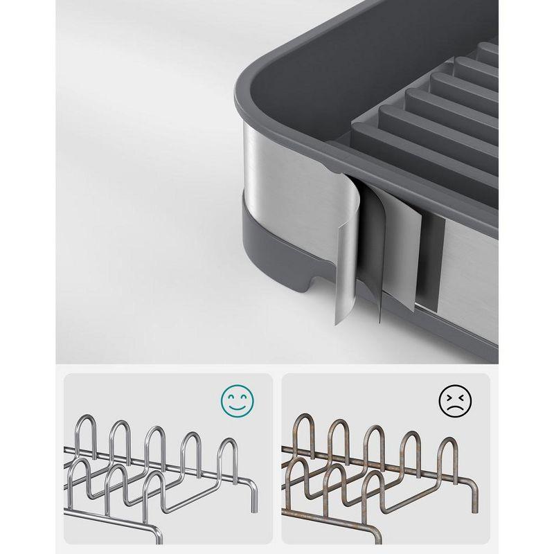 SONGMICS Dish Drying Rack, Dish Dryer for Kitchen Counter, Stainless Steel Dish Rack with Drain, Utensil Holder, Rustproof Gray