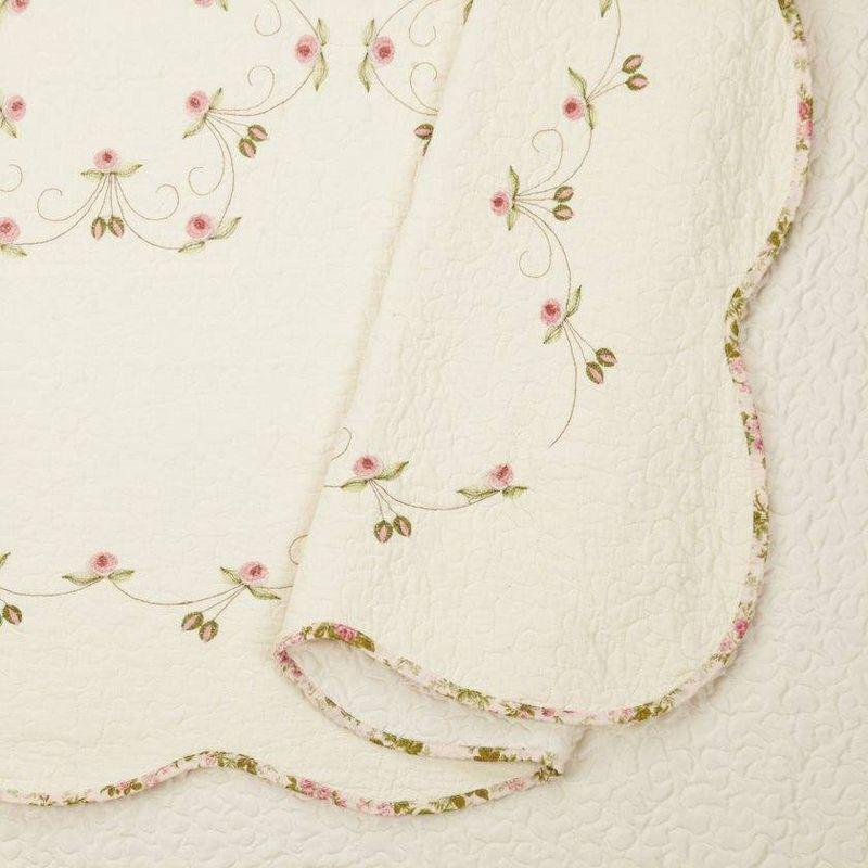 Charming Rosebud Embroidered Cotton Quilt Set - Full Size, Pink