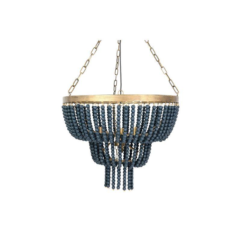 Blue Wood Bead 2-Tier Chandelier with Brass Accents